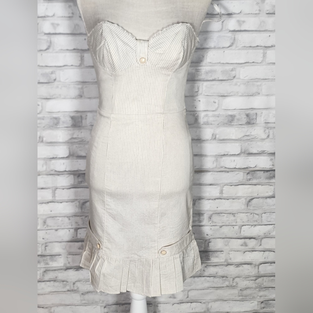 Betsey Johnson White Pinstripe Pleated Pin Up Retro Strapless Mini Dress
